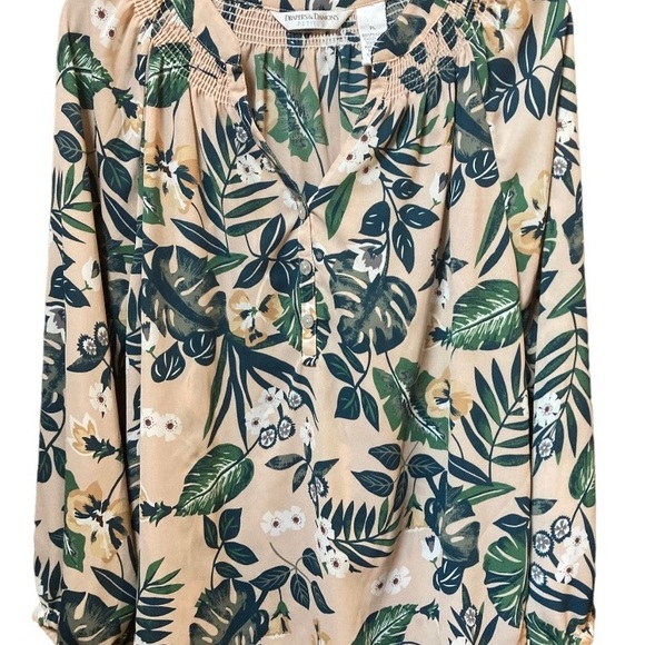 Drapers and Damons Blush Green Leave Floral Print‎ Long Sleeve Blouse Petite Lrg - Picture 1 of 3